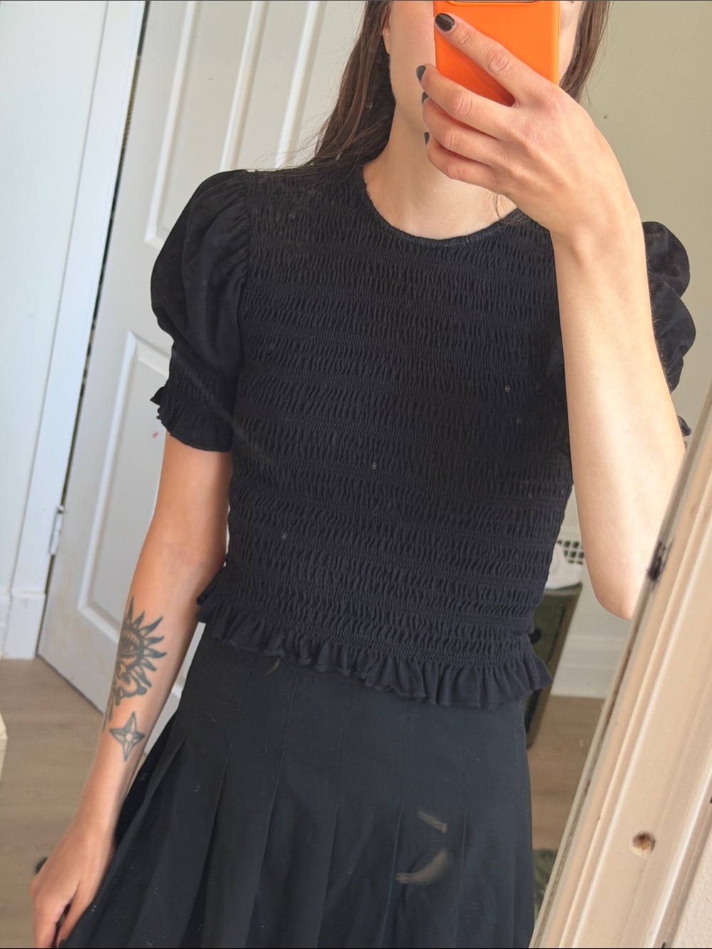 En Saison Black Smocked Puff-Sleeve Crop Top